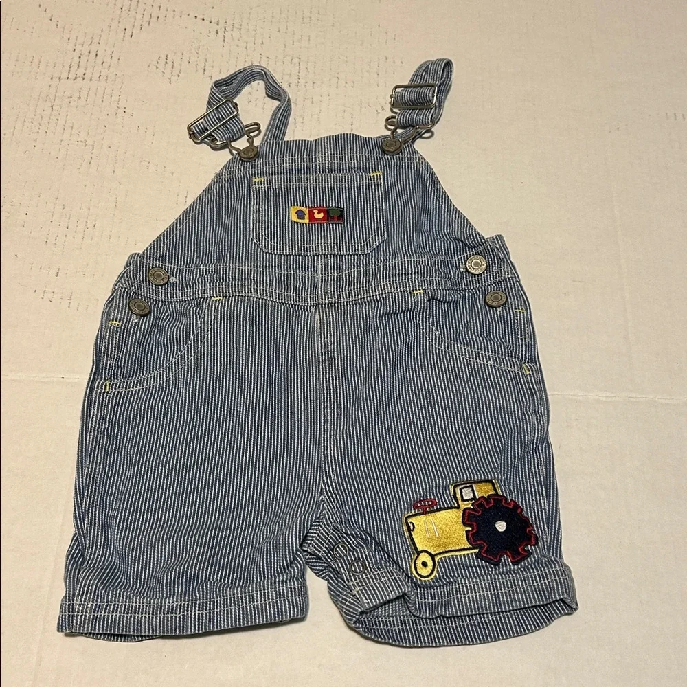 Vintage Striped Blue Kids Overalls with Tractor Patch